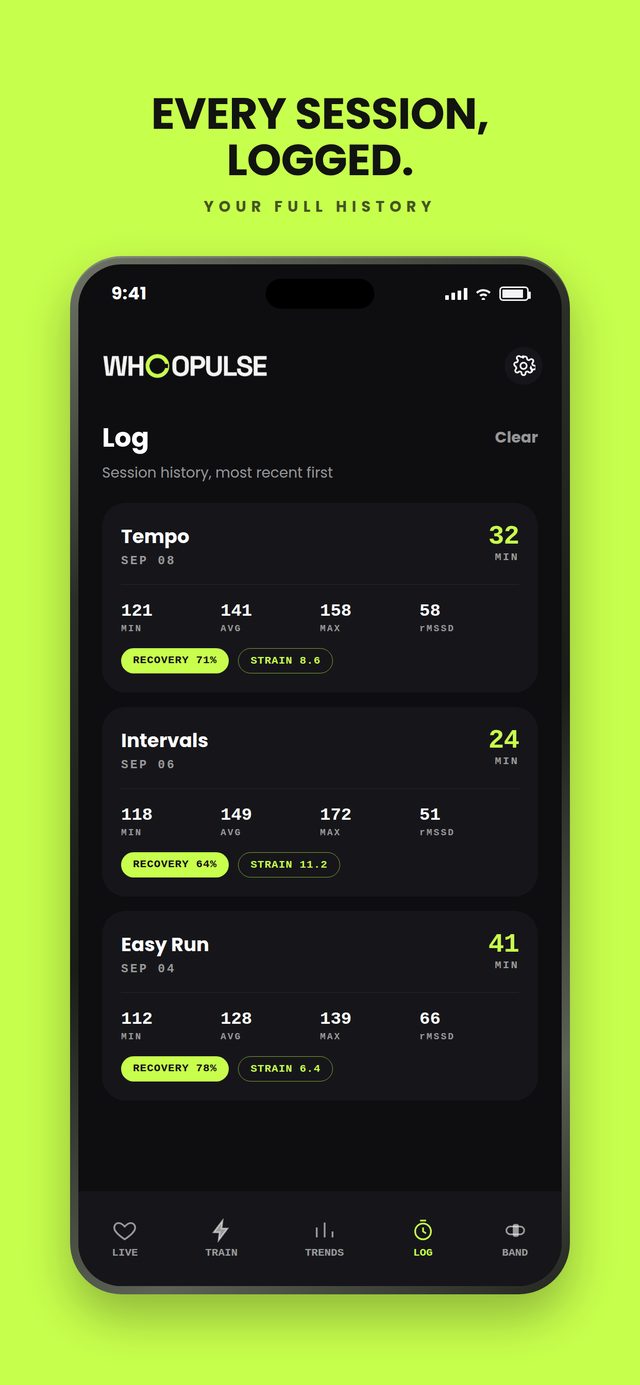 Log screen — session history